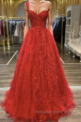 One Shoulder Open Back Red Lace Long Semi Formal Prom Dresses, Sweetheart Neck Red Lace Formal Dresses, Red Evening Dresses